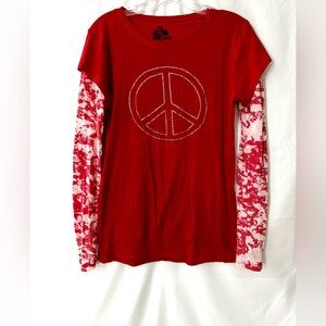 Awake Faux Layered Long Sleeve T-Shirt With A Rhinestone Studded Peace Sign